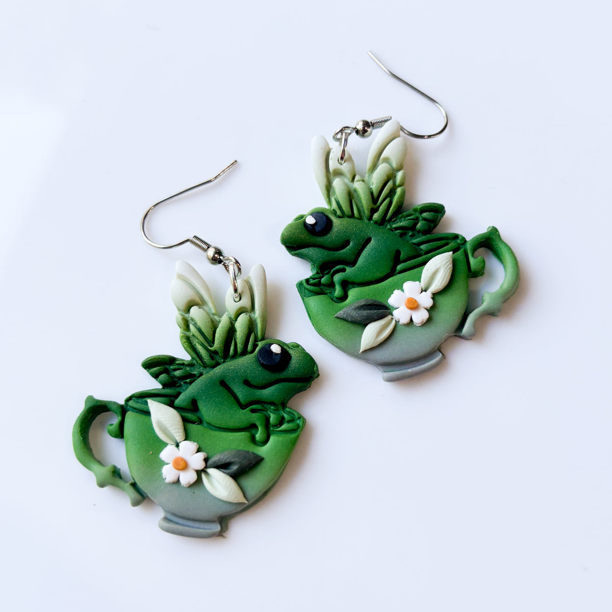 FROGS IN TEACUPS GREEN EARRINGS