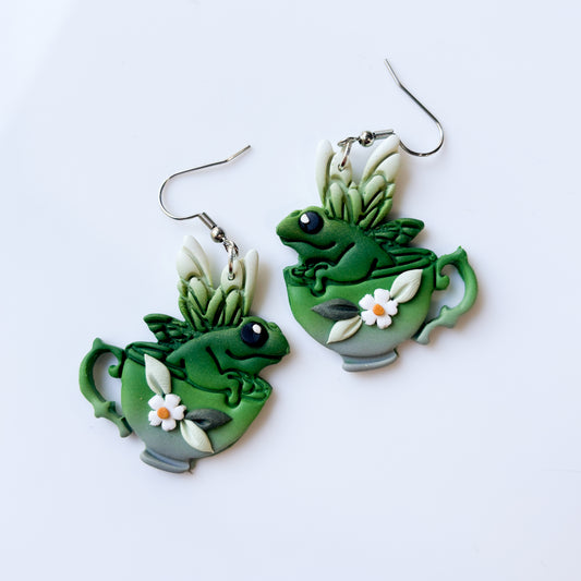 FROGS IN TEACUPS GREEN EARRINGS