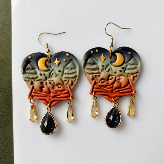 FOREST FOXES ON BOOKS HEART EARRINGS