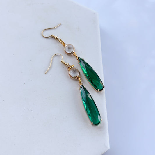 GREEN LONG TEARDROP GEM CHARM EARRINGS