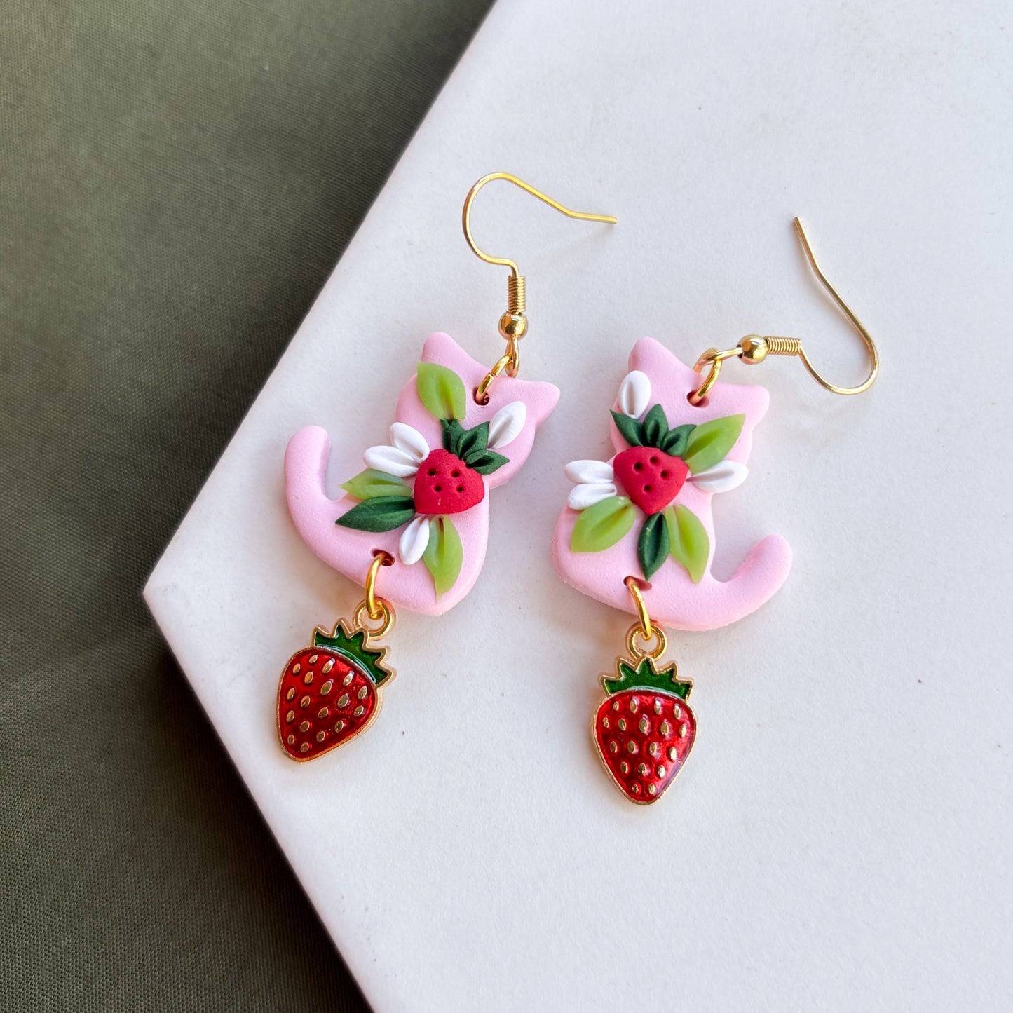 PINK STRAWBERRY CAT EARRINGS