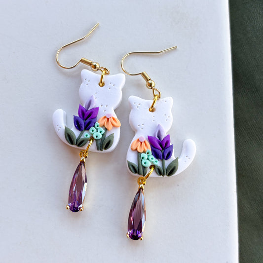 WHITE FLORAL CAT EARRINGS