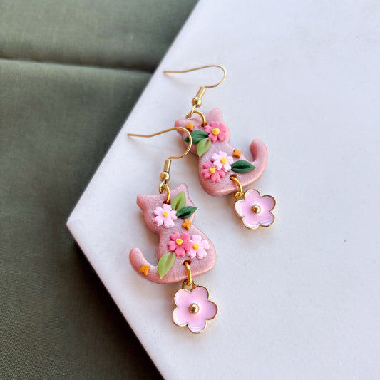 ROSE GOLD CHERRY BLOSSOM CAT EARRINGS
