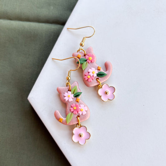 ROSE GOLD CHERRY BLOSSOM CAT EARRINGS