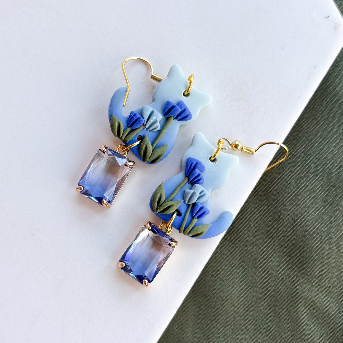 BLUE OMBRE FLORAL CAT EARRINGS