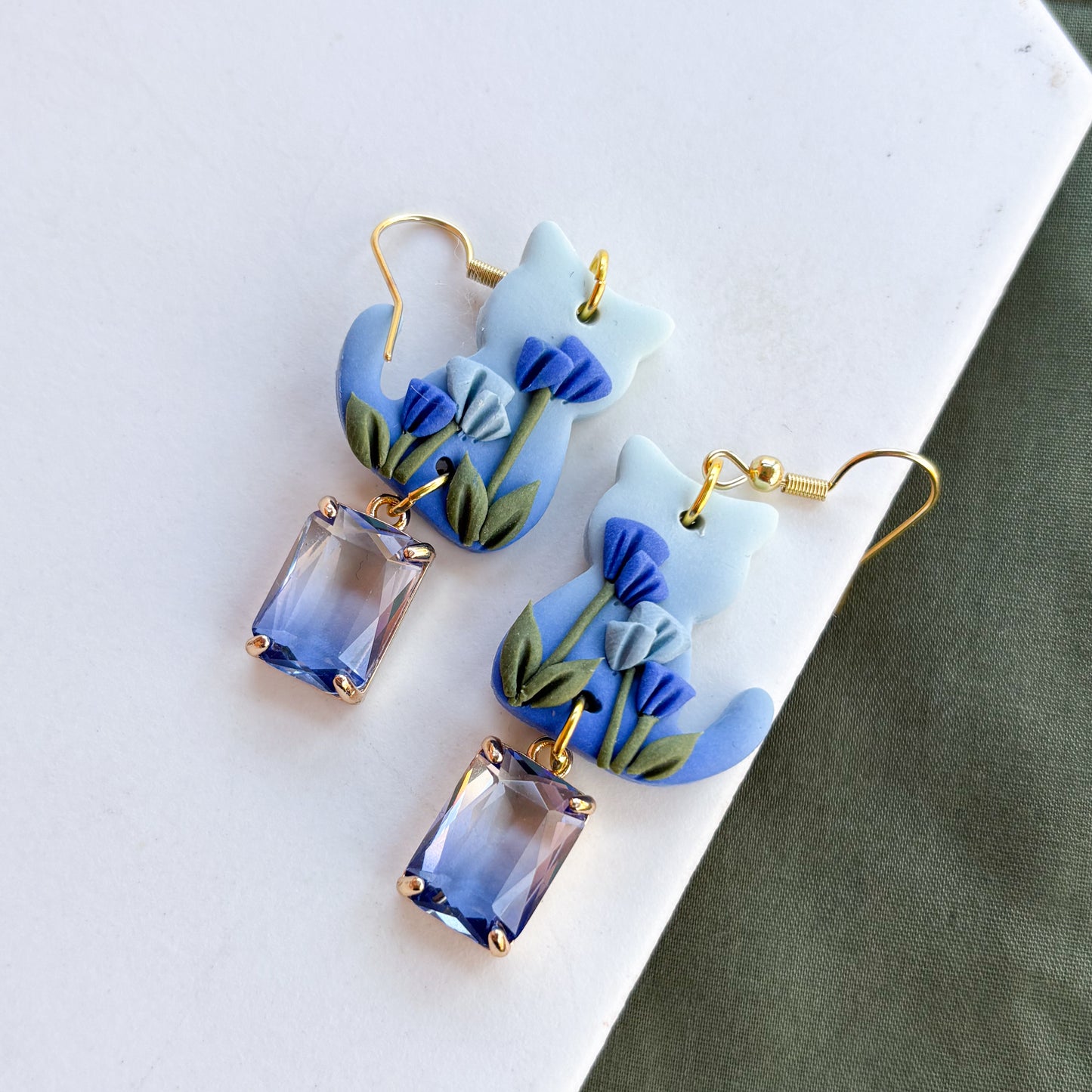 BLUE OMBRE FLORAL CAT EARRINGS
