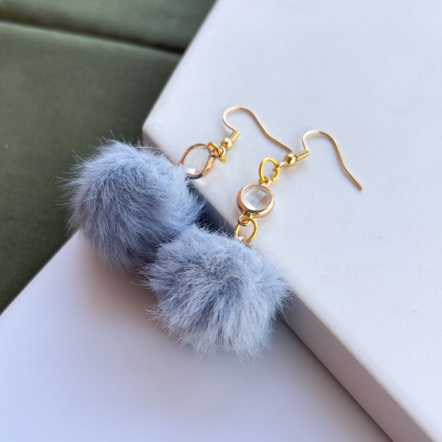 BLUE POM POM & GEM CHARM EARRINGS