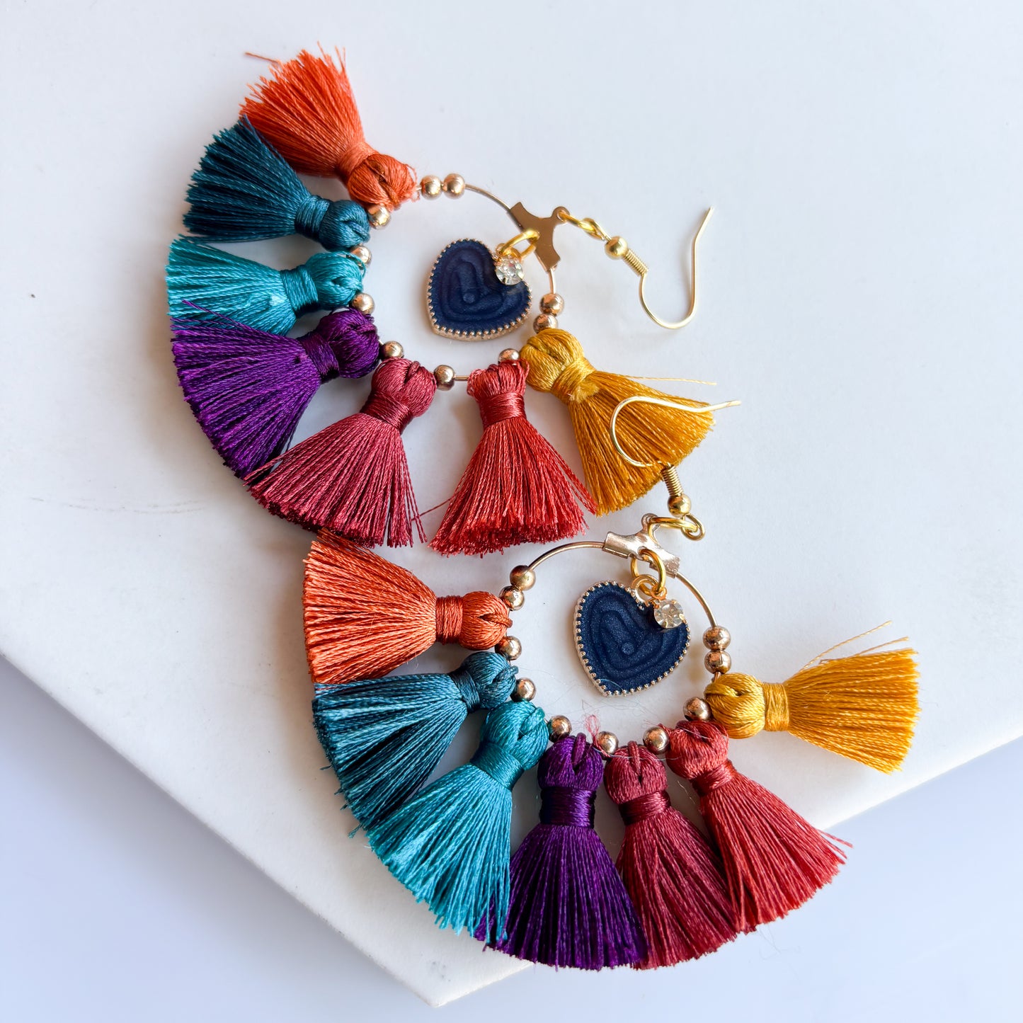 COLORFUL TASSEL & HEART CHARM EARRINGS