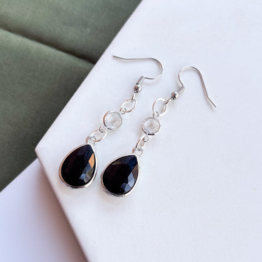 BLACK TEARDROP GEM CHARM EARRINGS