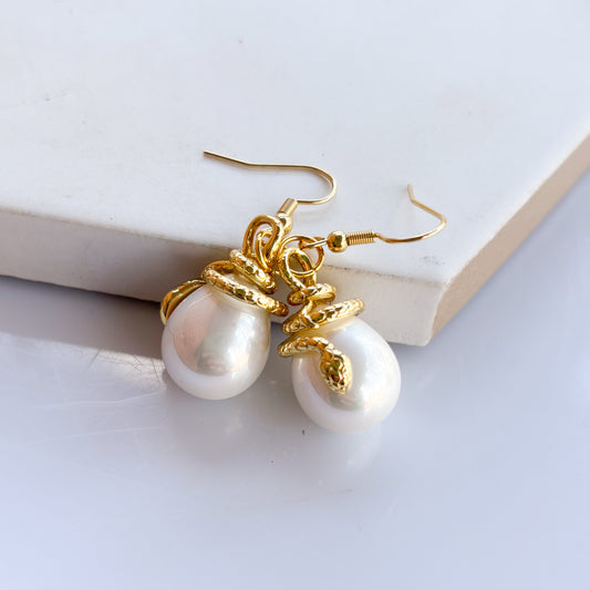 GOLD SNAKE & PEARL CHARM EARRINGS