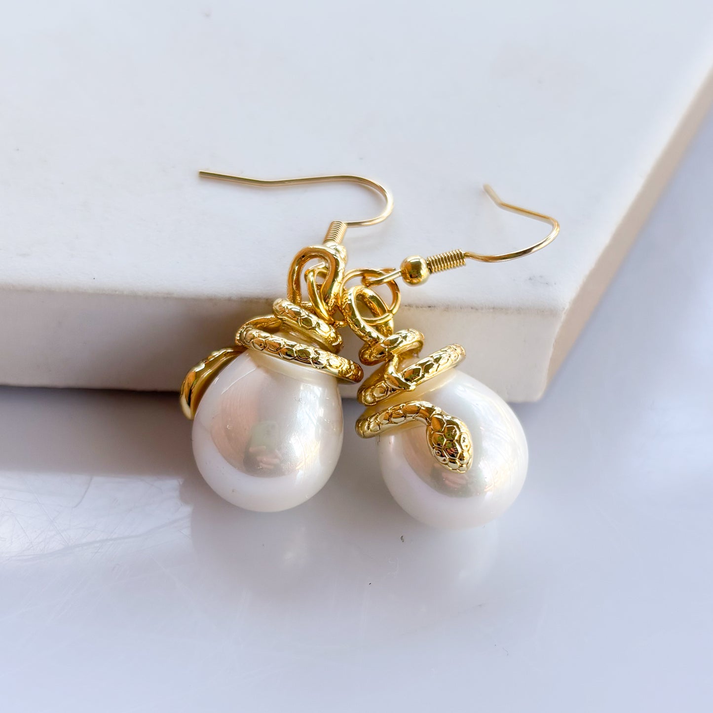 GOLD SNAKE & PEARL CHARM EARRINGS