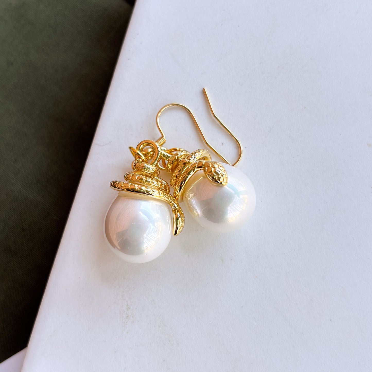GOLD SNAKE & PEARL CHARM EARRINGS