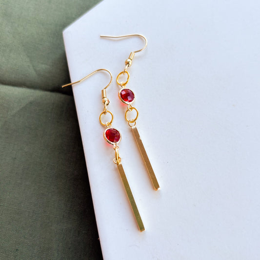 RED GEM & GOLD THIN RECTANGLE CHARM EARRINGS