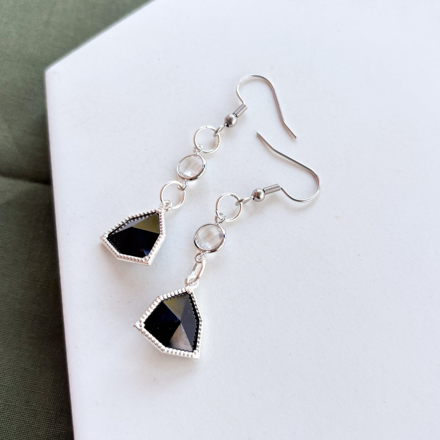 SILVER & BLACK TRIANGLE GEM CHARM EARRINGS