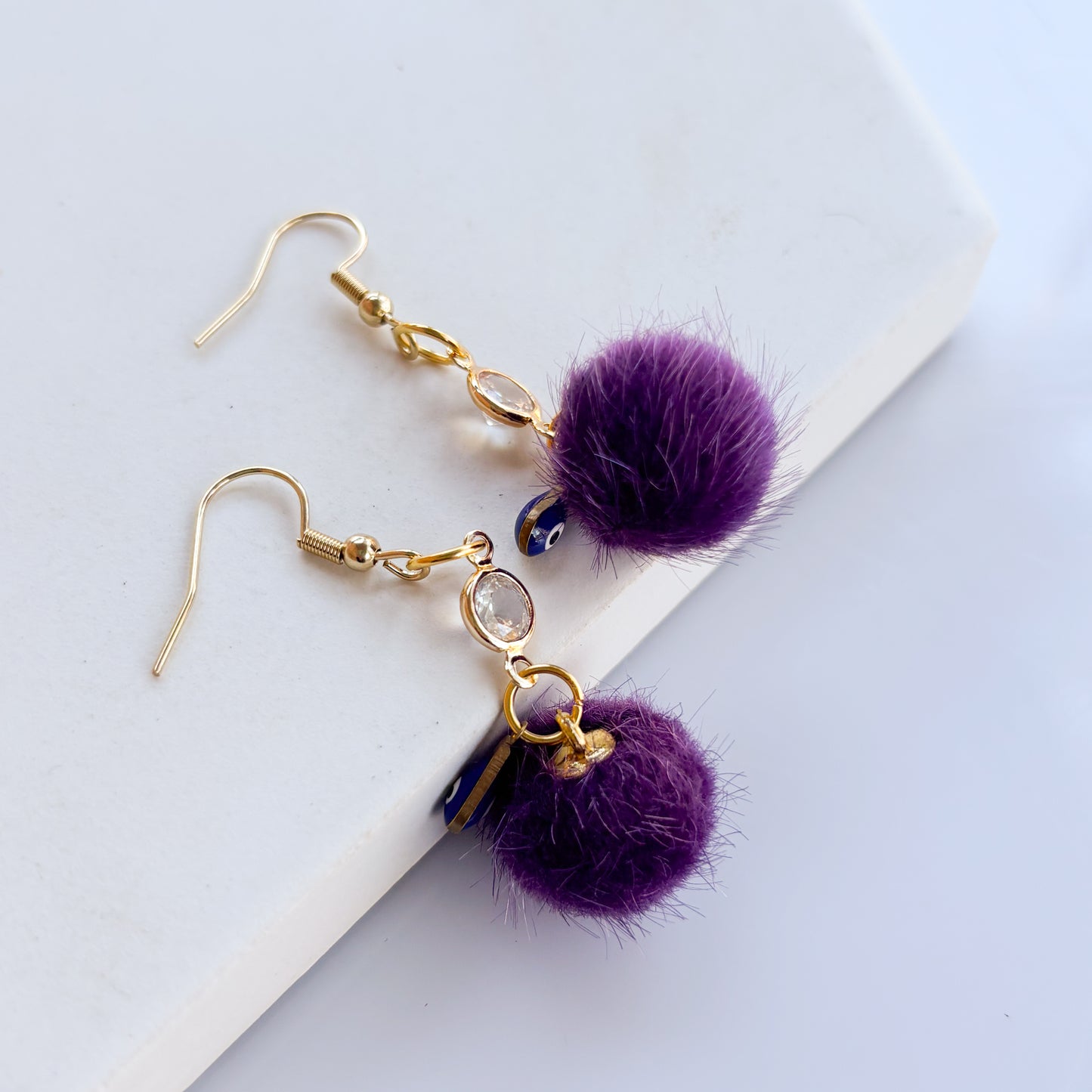 PURPLE & EVIL EYE MINI POM POM & GEM CHARM EARRINGS