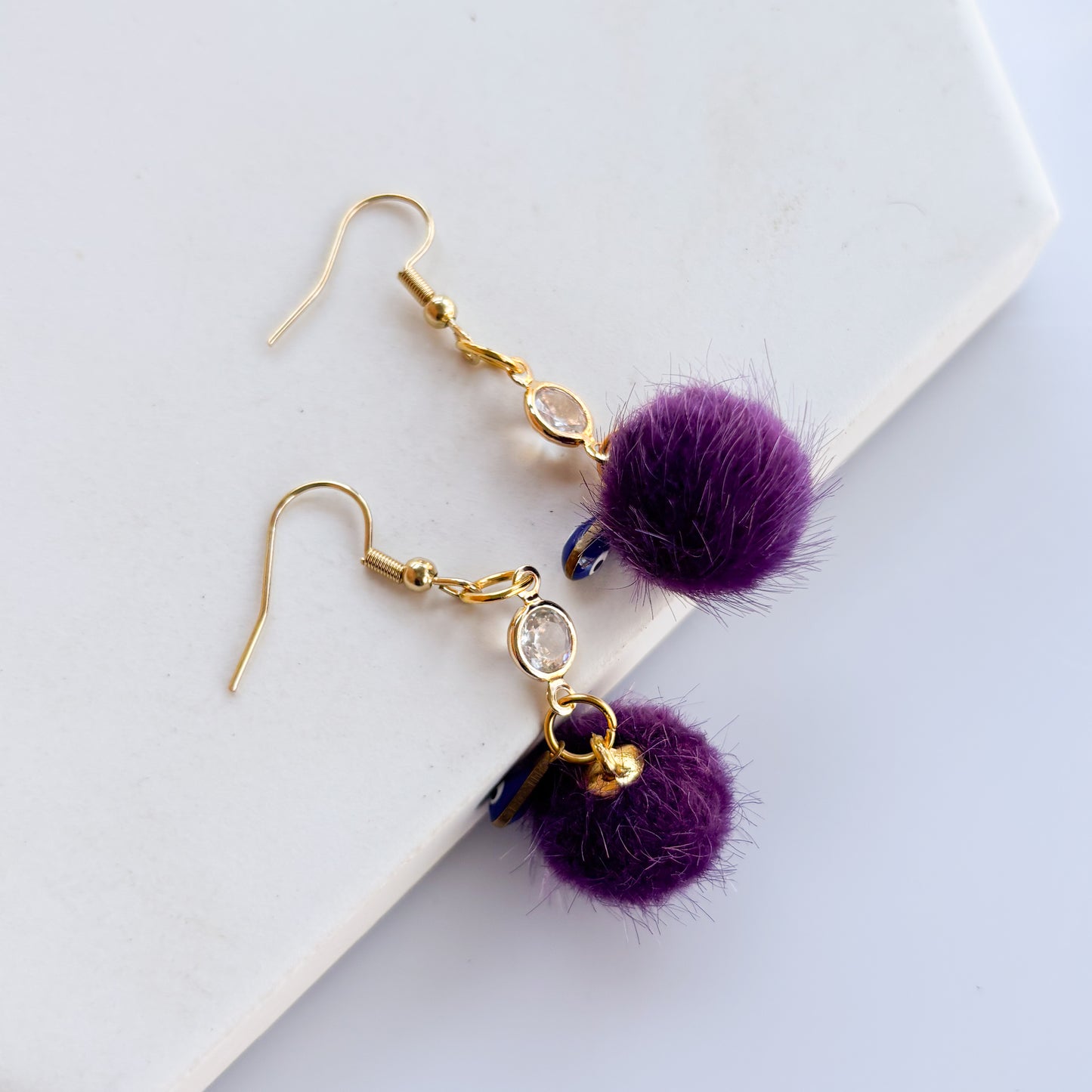 PURPLE & EVIL EYE MINI POM POM & GEM CHARM EARRINGS