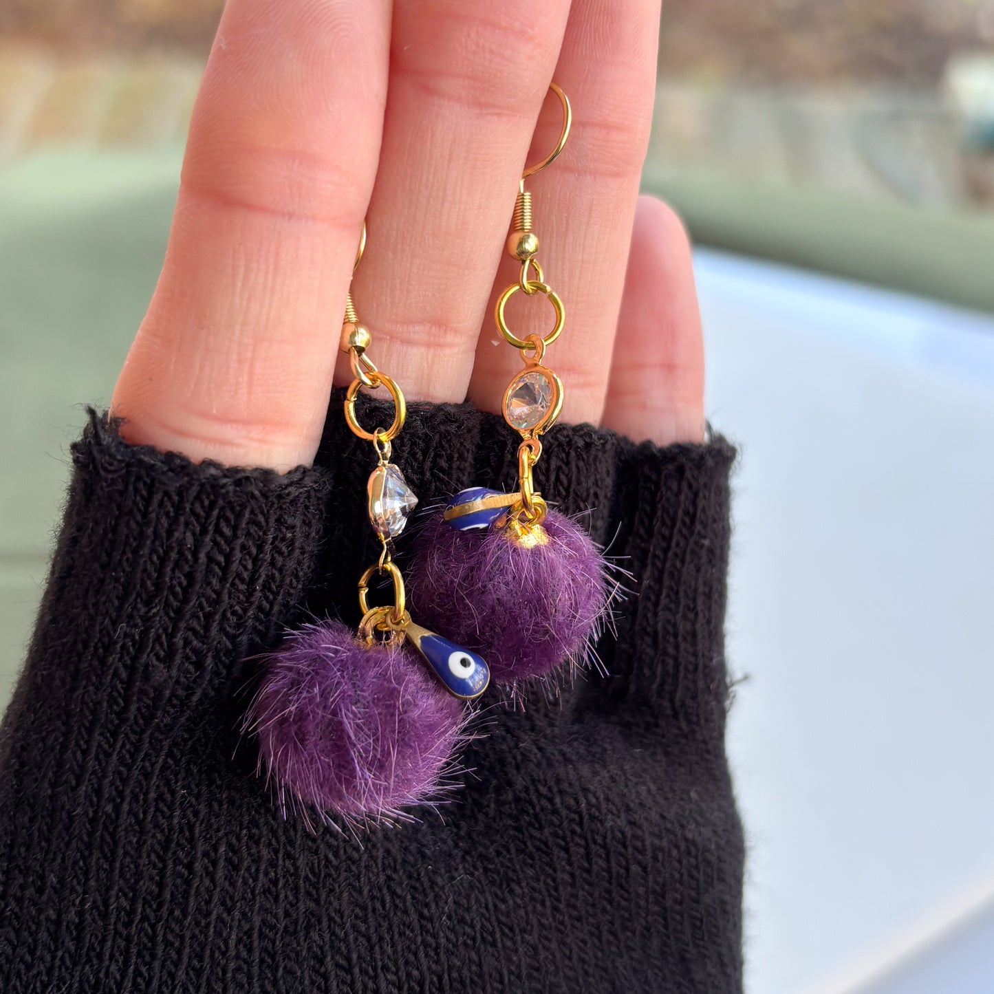 PURPLE & EVIL EYE MINI POM POM & GEM CHARM EARRINGS
