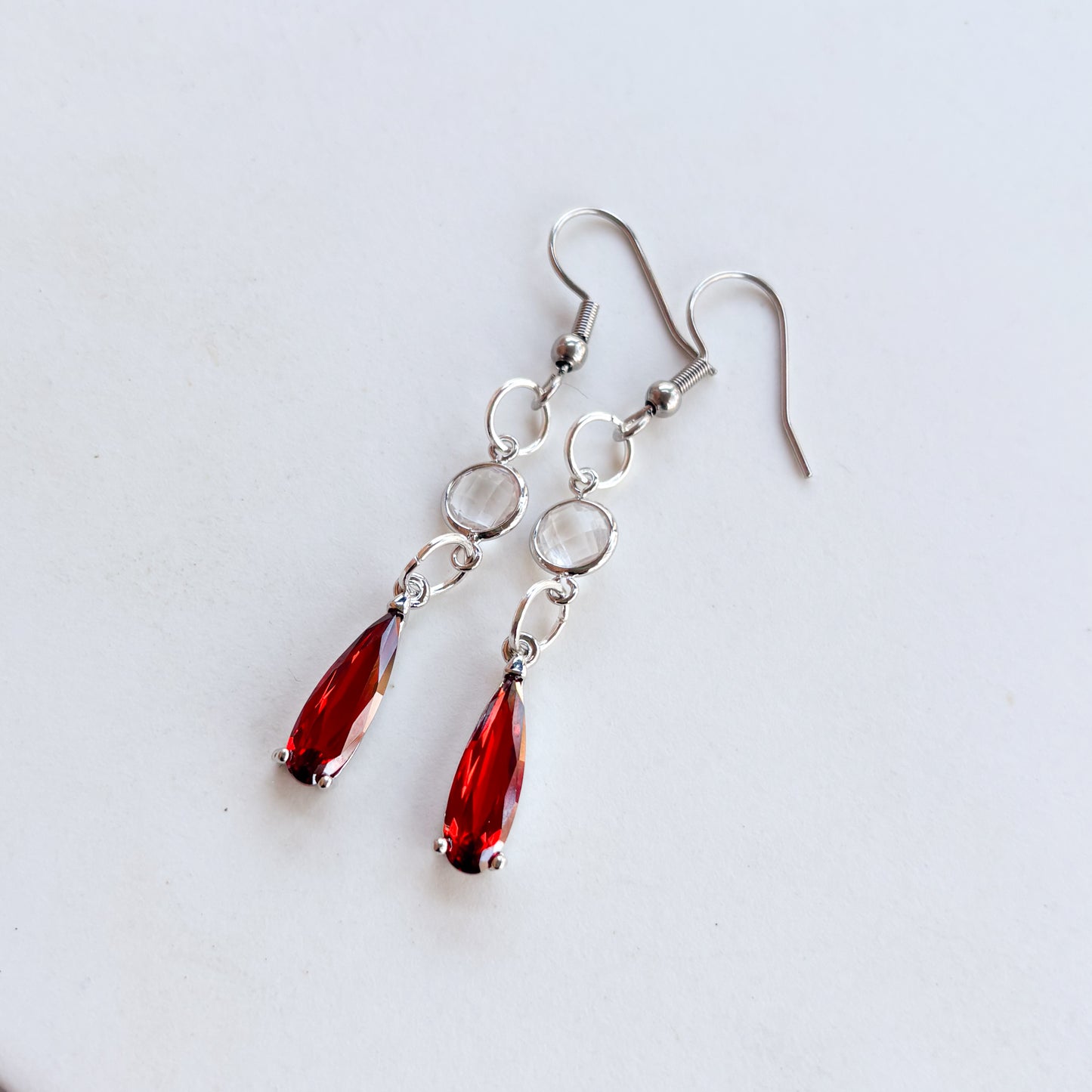 RED DROP & GEM SILVER CHARM EARRINGS