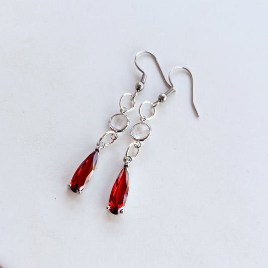 RED DROP & GEM SILVER CHARM EARRINGS