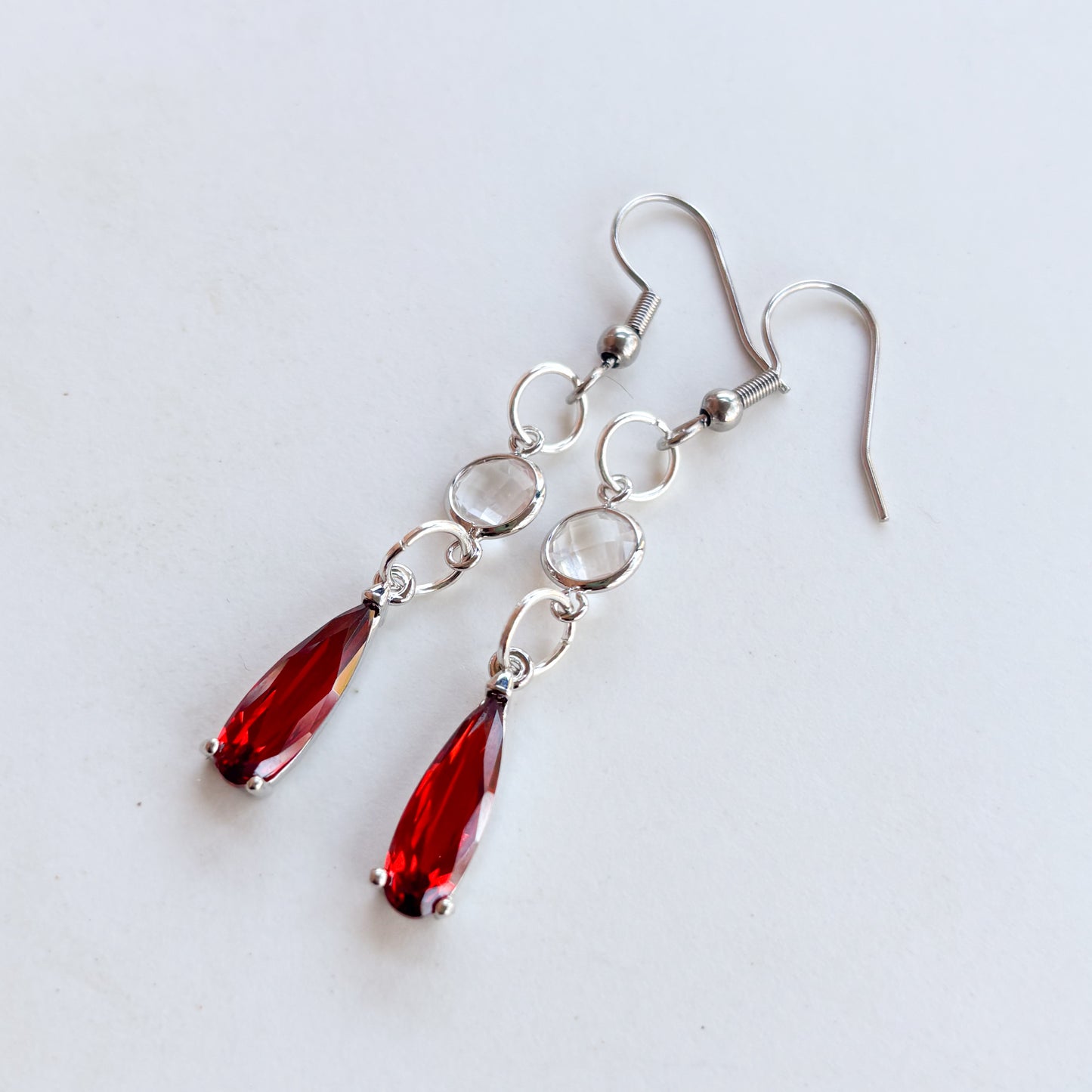 RED DROP & GEM SILVER CHARM EARRINGS