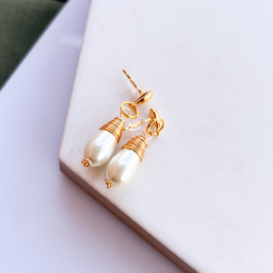 GOLD WRAPPED PEARL STUD CHARM EARRINGS