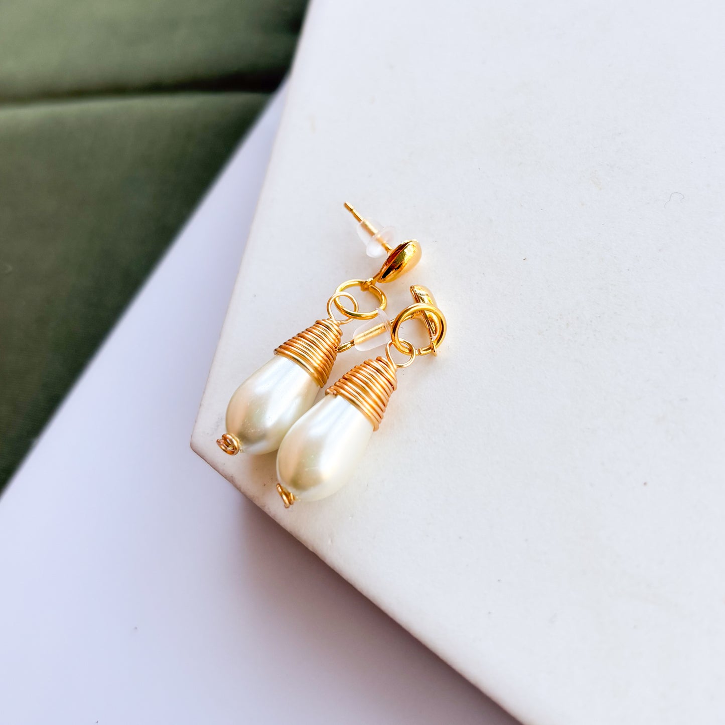 GOLD WRAPPED PEARL STUD CHARM EARRINGS