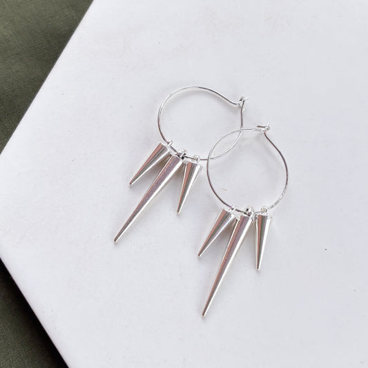 SILVER SPIKE CHARM HOOP EARRINGS