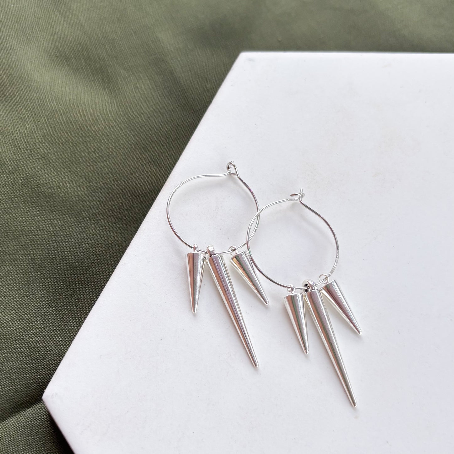 SILVER SPIKE CHARM HOOP EARRINGS