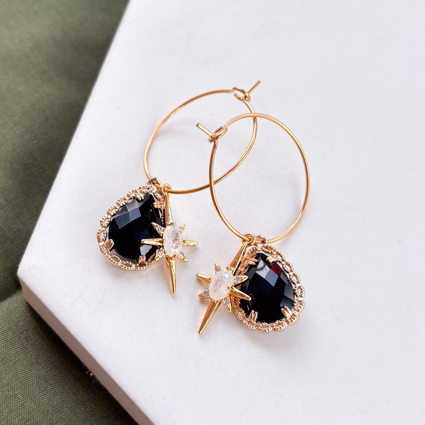 BLACK TEARDROP & STAR CHARM HOOP EARRINGS