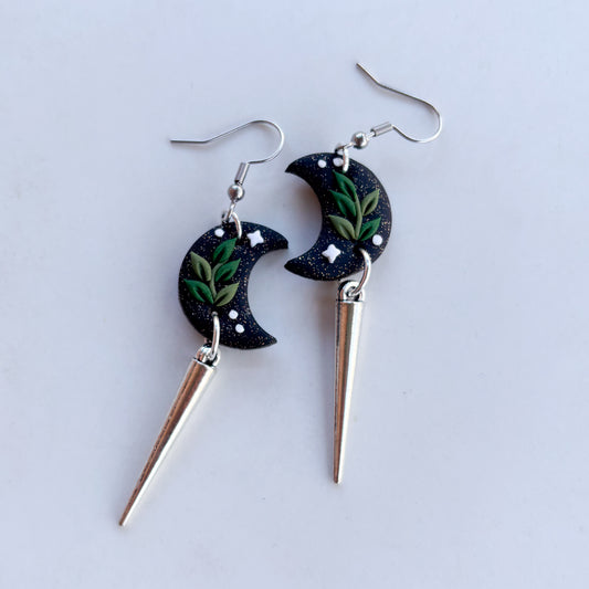 BLACK SPARKLE HARVEST VINE MOON EARRINGS (MEDIUM)