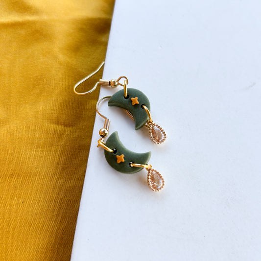 GREEN & GOLD MOON EARRINGS (MINI)