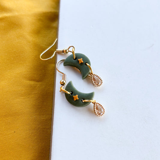 GREEN & GOLD MOON EARRINGS (MINI)
