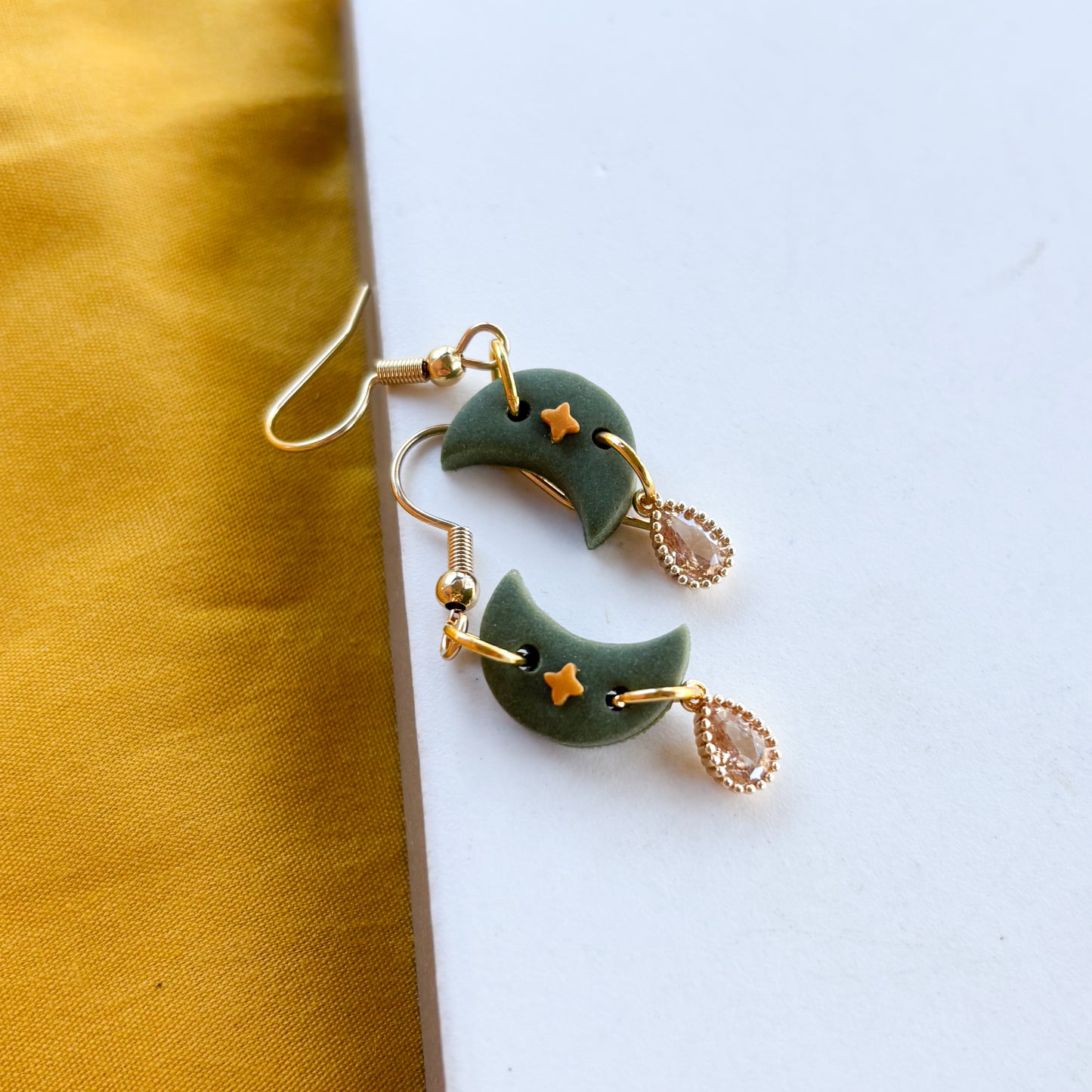 GREEN & GOLD MOON EARRINGS (MINI)