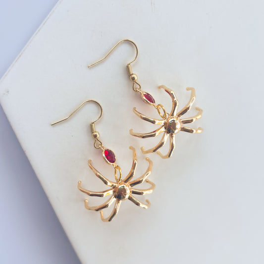 SPIDER & RED GEM CHARM EARRINGS
