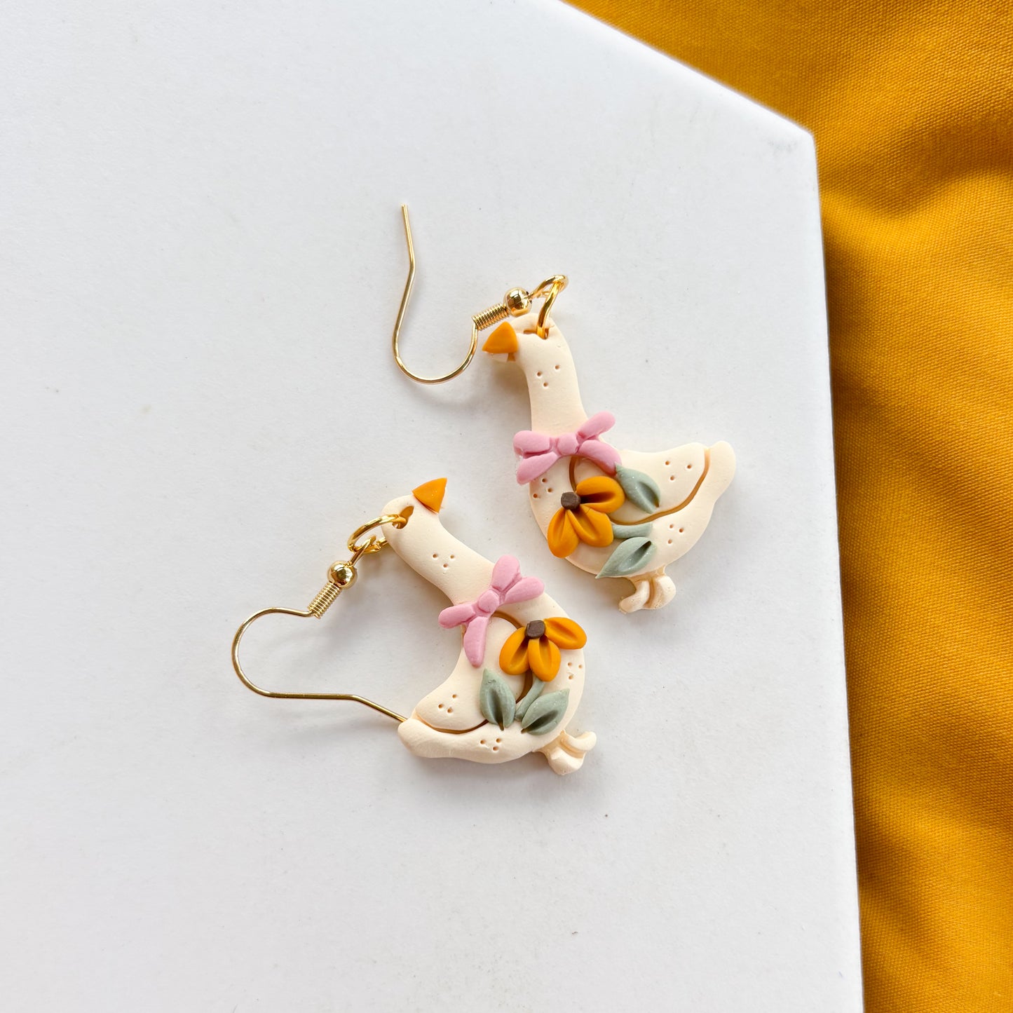 SUNFLOWER & PINK BOW GOOSE EARRINGS
