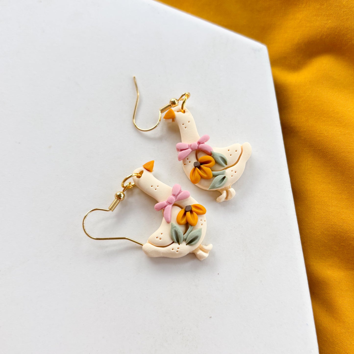 SUNFLOWER & PINK BOW GOOSE EARRINGS