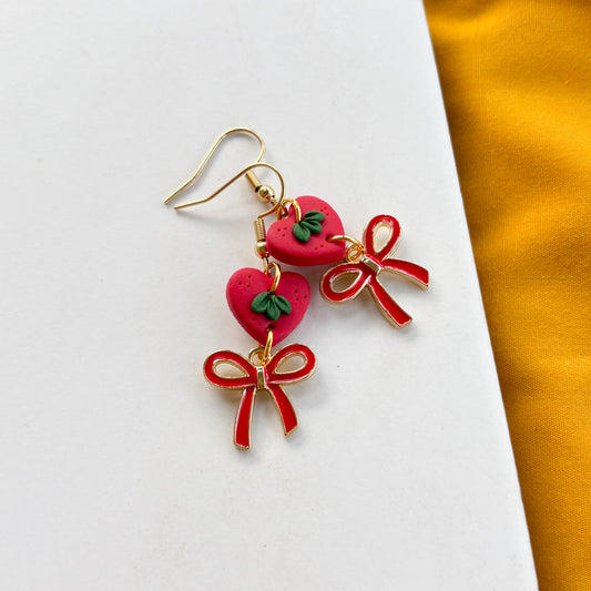 MINI RED STRAWBERRY & BOW EARRINGS