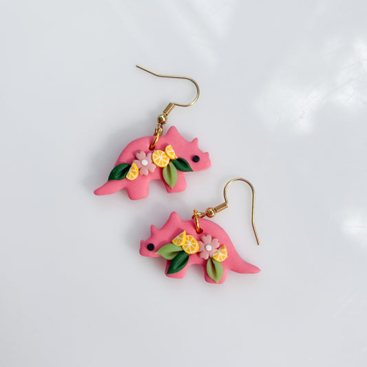 PINK LEMONADE DINO EARRINGS (TRICERATOPS)