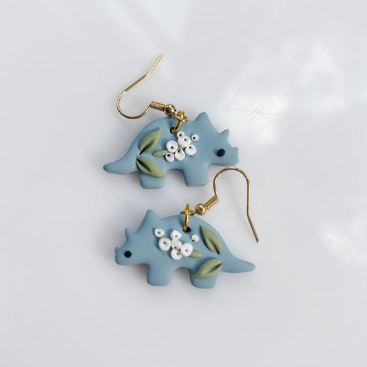 BLUE BABYS BREATH DINO EARRINGS (TRICERATOPS)