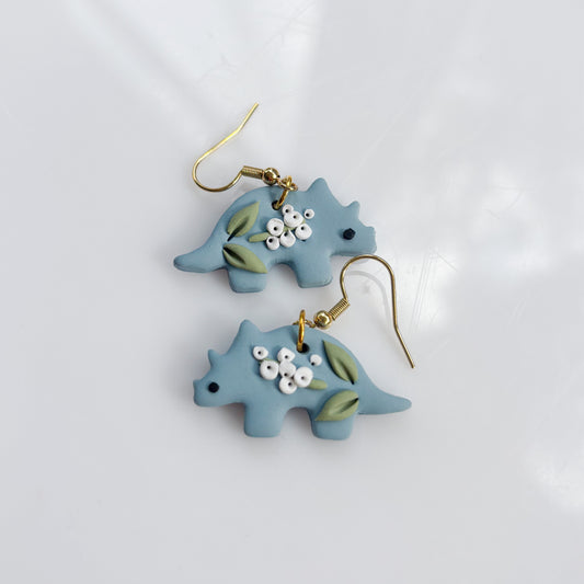 BLUE BABYS BREATH DINO EARRINGS (TRICERATOPS)