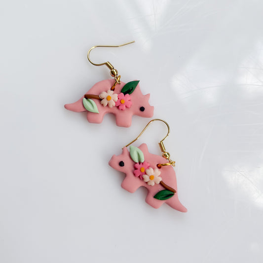 CHERRY BLOSSOM DINO EARRINGS (TRICERATOPS)