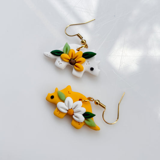 MISMATCHED DAISY SUNFLOWER DINO EARRINGS (TRICERATOPS)