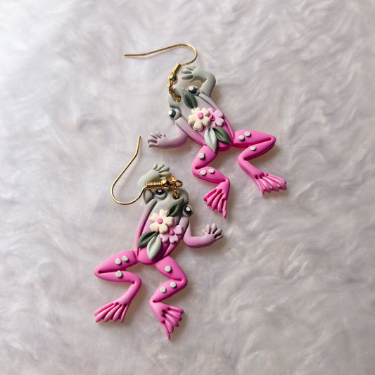 GREEN & PINK FROG EARRINGS