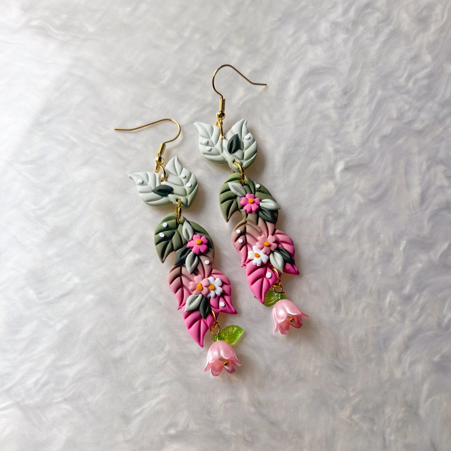 GREEN/PINK LEAF DANGLE EARRINGS