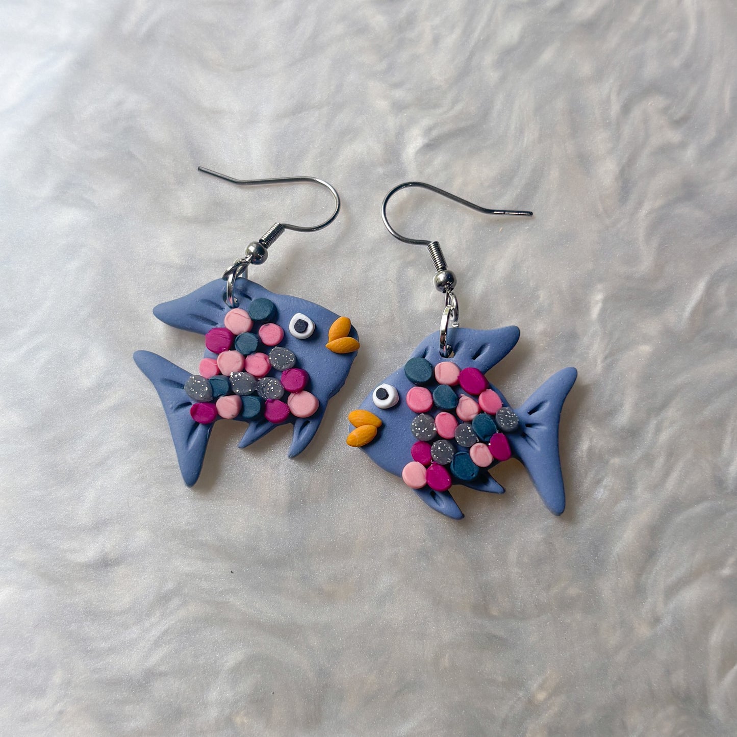 PINK BLUE SILVER RAINBOW FISH EARRINGS