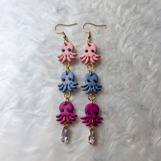 PINK/MAGENTA/BLUE OCTOPUS TRIO EARRINGS