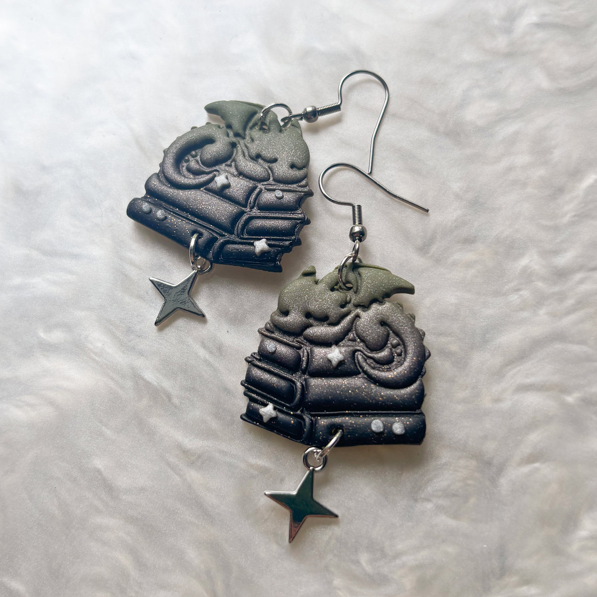 GREEN DRAGONS ON BOOKS EARRINGS