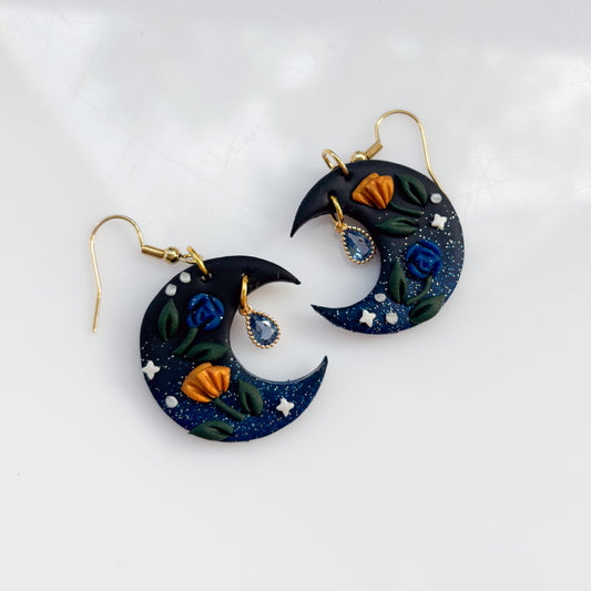 GALAXY GLITTER FLORAL MOON EARRINGS