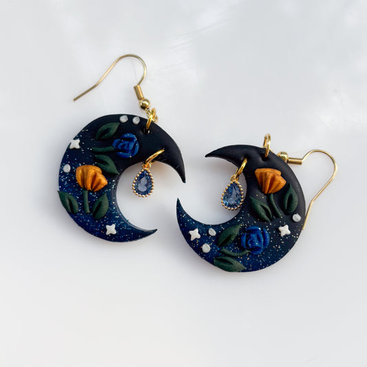 GALAXY GLITTER FLORAL MOON EARRINGS