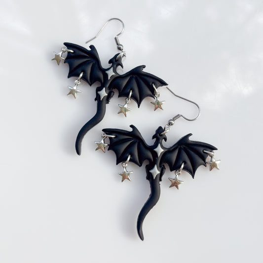SILVER STAR BLACK DRAGON EARRINGS